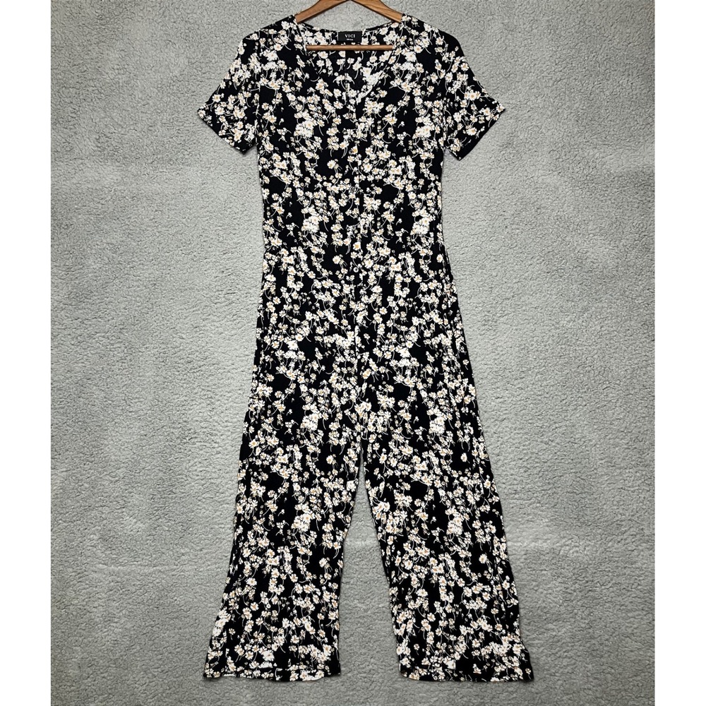 VICI‎ Button Front Wide Leg Jumpsuit Romper Women S Black Daisy Floral Cottage
